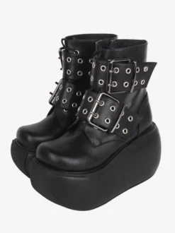 Bottes gothiques Lolita noires en cuir PU à bout rond chaussures Lolita