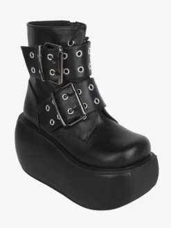 Bottes gothiques Lolita noires en cuir PU à bout rond chaussures Lolita