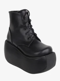 Bottes gothiques Lolita noires à bout rond en cuir PU chaussures à plateforme Lolita bottines