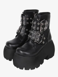 Bottes gothiques Lolita noires en cuir PU à bout rond chaussures Lolita