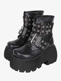Bottes gothiques Lolita noires en cuir PU à bout rond chaussures Lolita