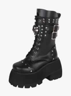 Bottes gothiques épaisses Lolita en cuir PU à bout rond chaussures Lolita noires