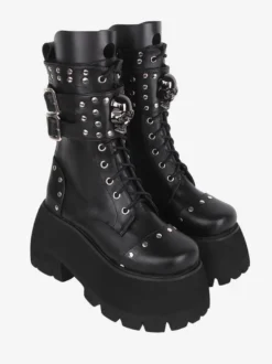 Bottes gothiques épaisses Lolita en cuir PU à bout rond chaussures Lolita noires