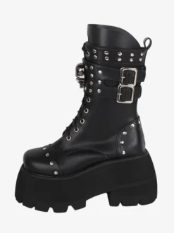 Bottes gothiques épaisses Lolita en cuir PU à bout rond chaussures Lolita noires