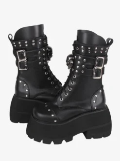Bottes gothiques épaisses Lolita en cuir PU à bout rond chaussures Lolita noires