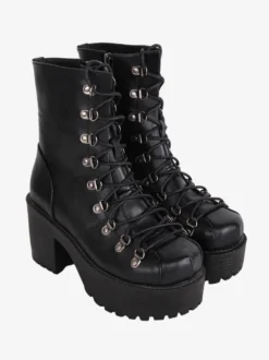 Bottes gothiques épaisses Lolita noires en cuir PU à bout rond chaussures Lolita