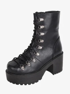 Bottes gothiques épaisses Lolita noires en cuir PU à bout rond chaussures Lolita
