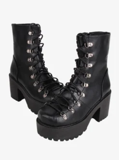Bottes gothiques épaisses Lolita noires en cuir PU à bout rond chaussures Lolita