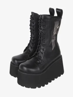 Bottes gothiques épaisses Lolita noires en cuir PU à bout rond chaussures Lolita
