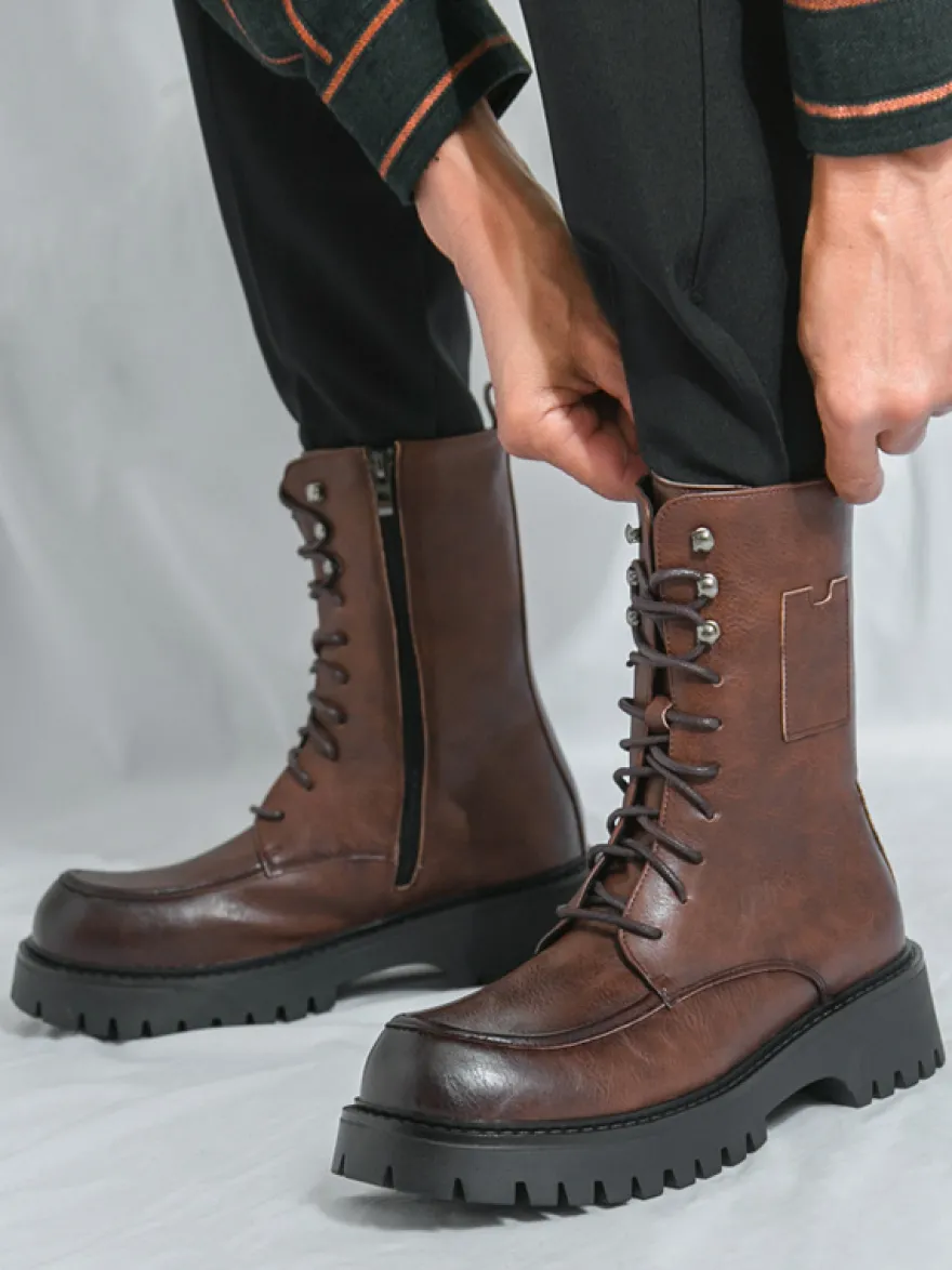 Bottes habillées pour hommes bout arrondi semelle épaisse lacets bottes courtes formelles