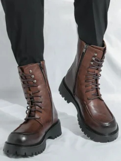 Bottes habillées pour hommes bout arrondi semelle épaisse lacets bottes courtes formelles