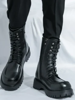 Bottes habillées pour hommes bout arrondi semelle épaisse lacets bottes courtes formelles