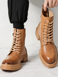 Bottes habillées pour hommes à bout rond semelle épaisse lacets hybrides et fermeture éclair latérale