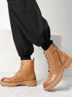 Bottes habillées pour hommes à bout rond semelle épaisse lacets hybrides et fermeture éclair latérale