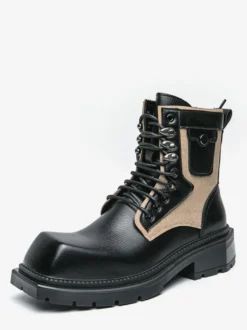 Bottes habillées pour hommes bout carré semelle épaisse lacets bottes en cuir