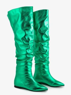 Bottes hautes argentées à bout pointu et plates