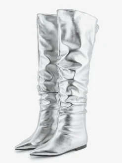 Bottes hautes argentées à bout pointu et plates