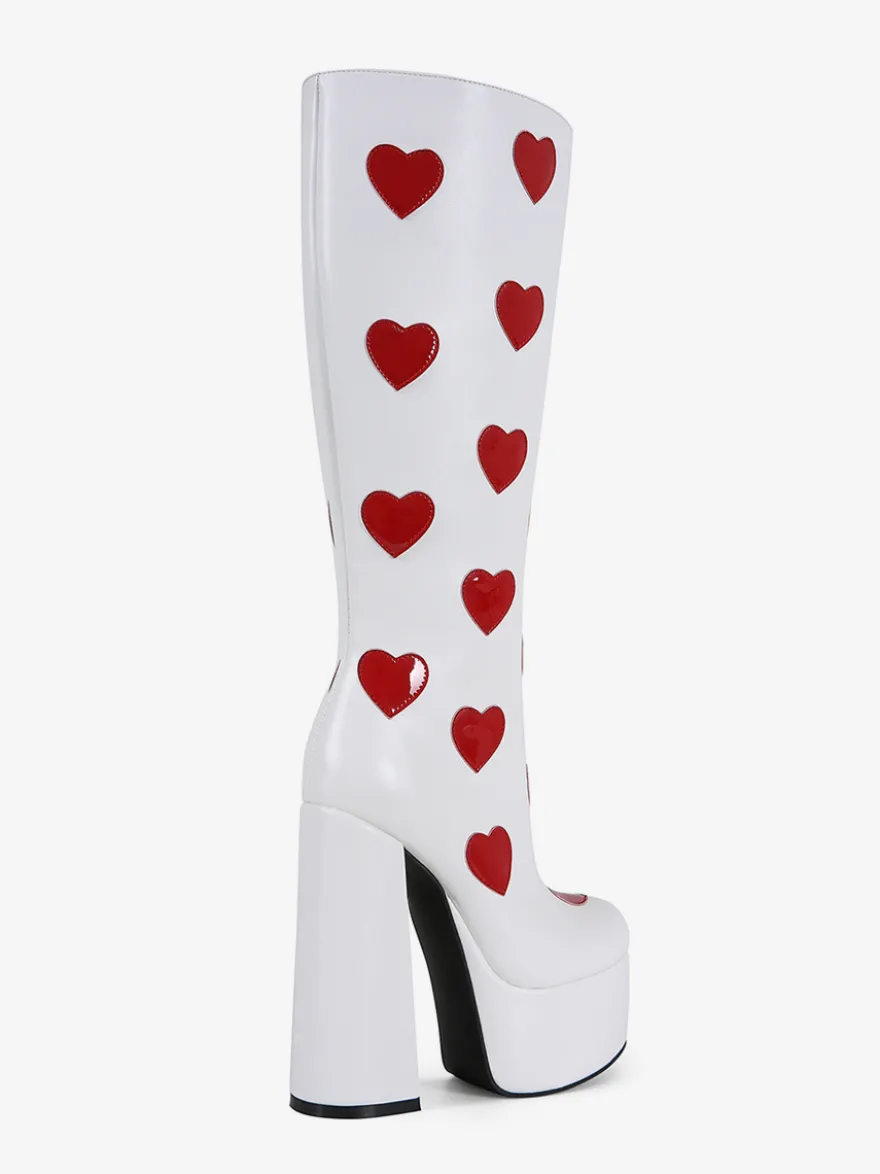 Bottes hautes blanches à plateforme grande taille motif cœur talon épais bottes GO GO