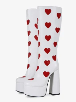 Bottes hautes blanches à plateforme grande taille motif cœur talon épais bottes GO GO