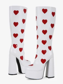 Bottes hautes blanches à plateforme grande taille motif cœur talon épais bottes GO GO