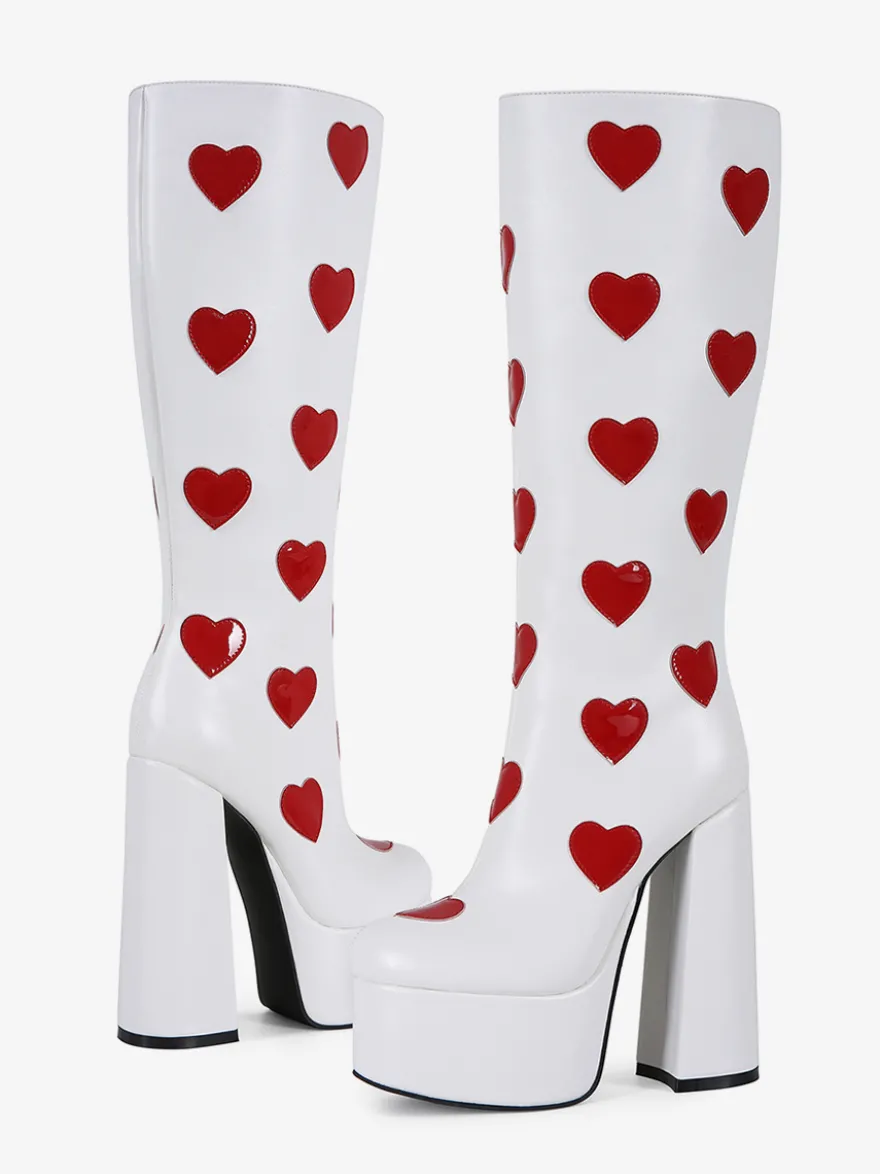 Bottes hautes blanches à plateforme grande taille motif cœur talon épais bottes GO GO