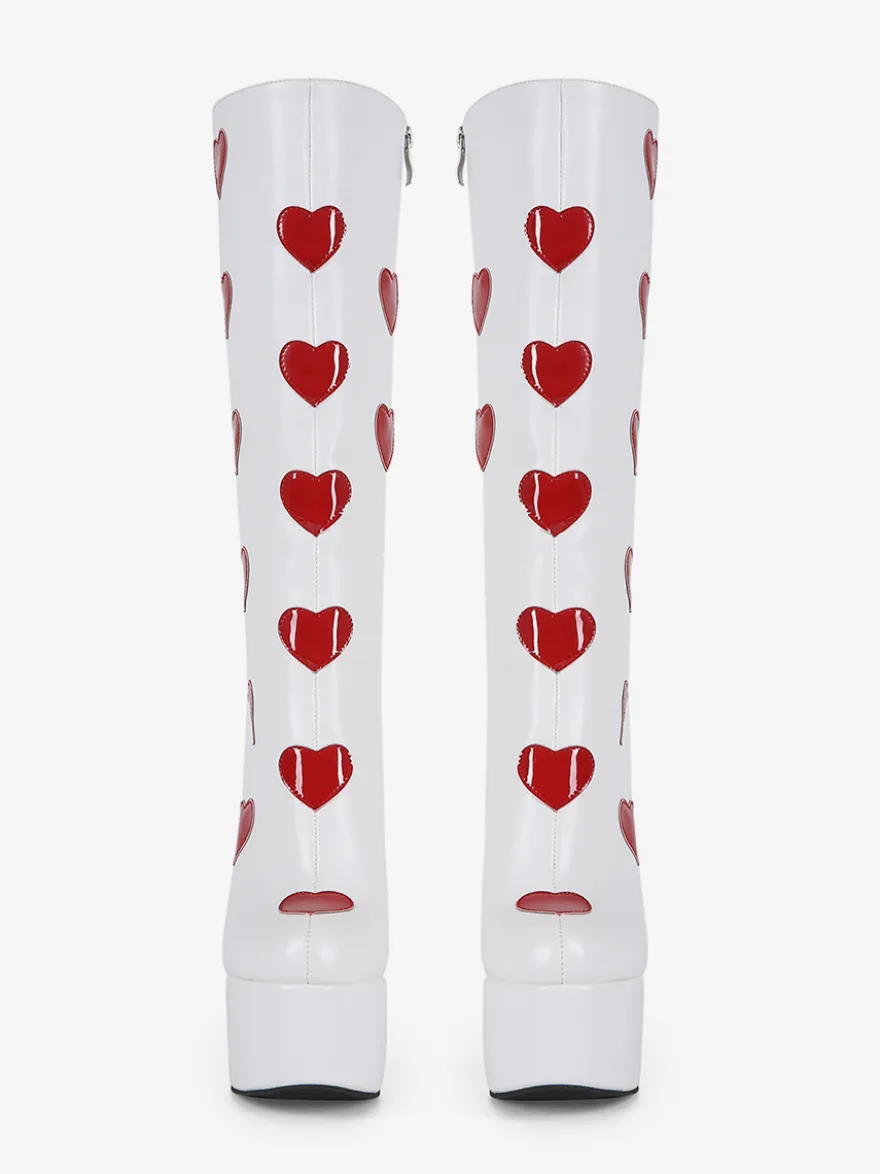 Bottes hautes blanches à plateforme grande taille motif cœur talon épais bottes GO GO