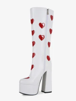 Bottes hautes blanches à plateforme grande taille motif cœur talon épais bottes GO GO