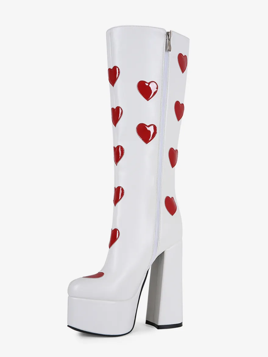 Bottes hautes blanches à plateforme grande taille motif cœur talon épais bottes GO GO