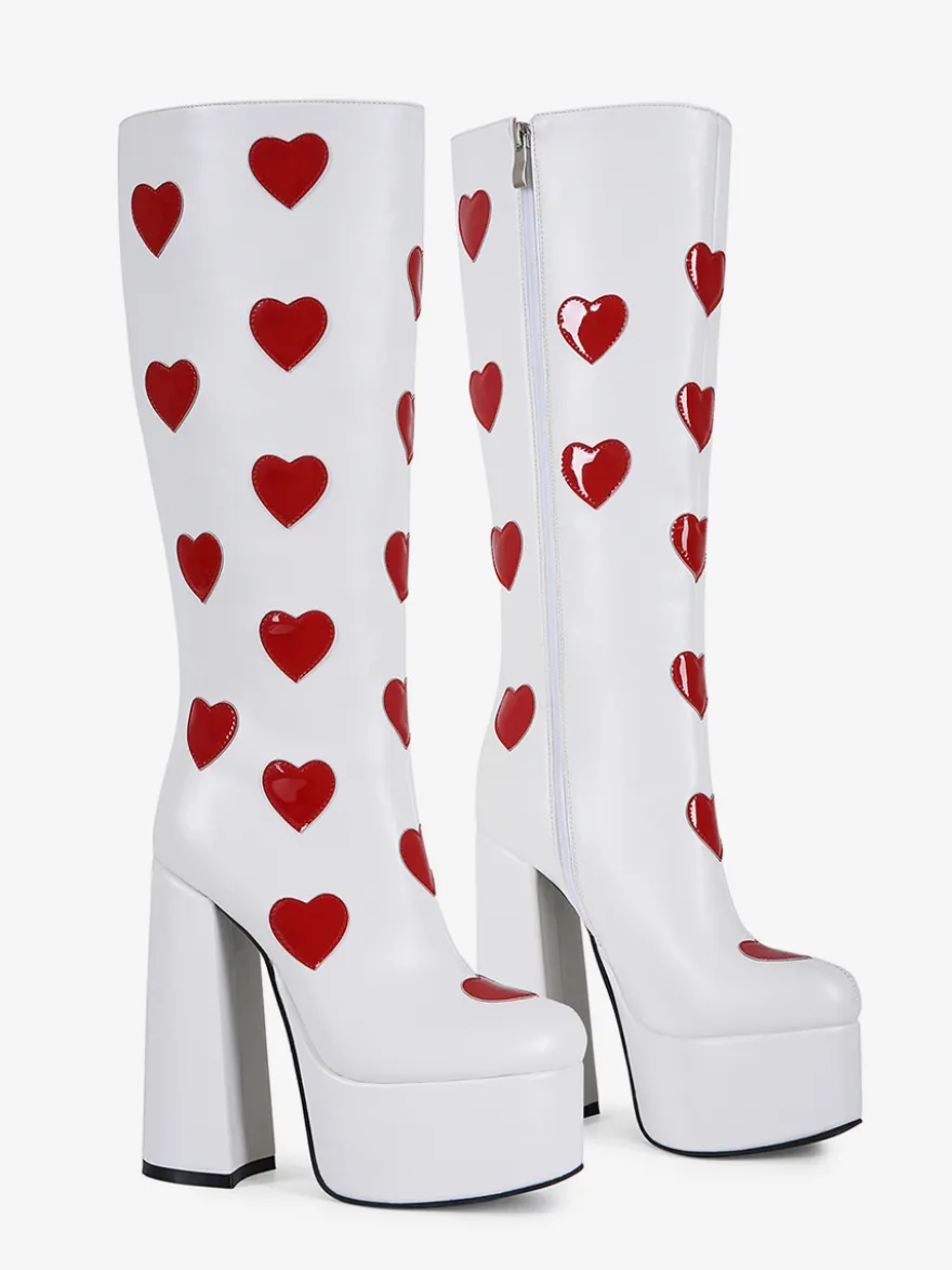 Bottes hautes blanches à plateforme grande taille motif cœur talon épais bottes GO GO