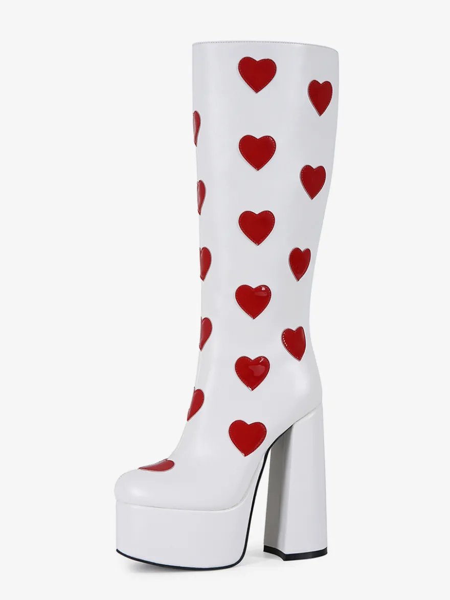 Bottes hautes blanches à plateforme grande taille motif cœur talon épais bottes GO GO