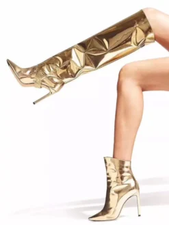 Bottes hautes convertibles dorées en cuir brillant effet miroir métallisé bottes de soirée jusqu'aux genoux