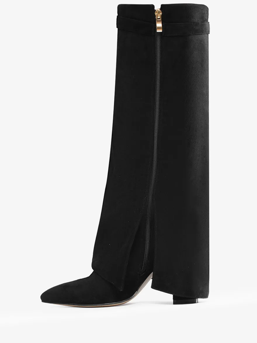 Bottes hautes en daim abricot à bout pointu avec boucle et fermeture éclair et talon épais