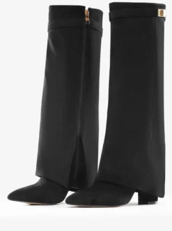 Bottes hautes en daim abricot à bout pointu avec boucle et fermeture éclair et talon épais