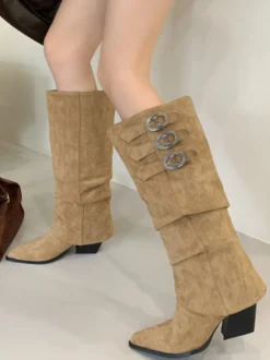 Bottes hautes en daim à bout pointu et talon épais avec boucle