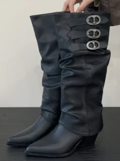 Bottes hautes en daim à bout pointu et talon épais avec boucle