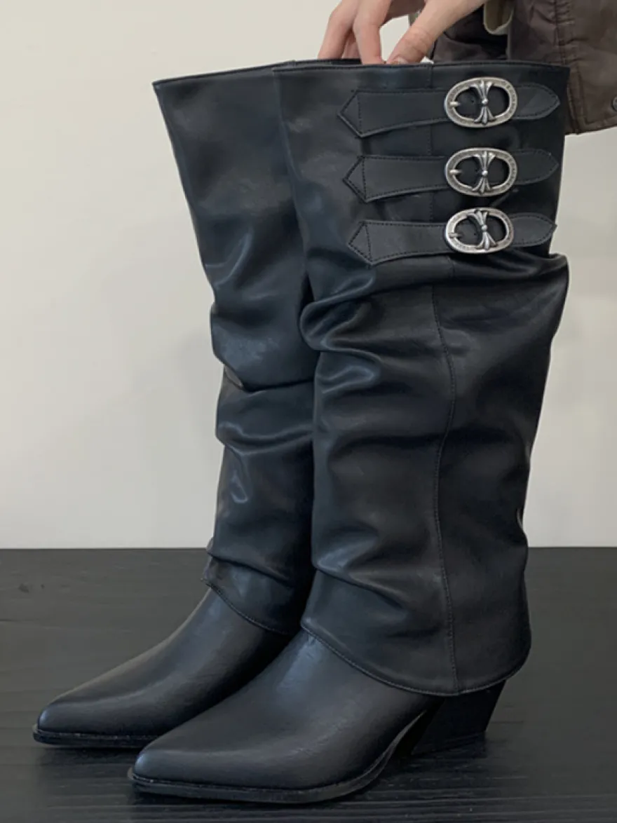 Bottes hautes en daim à bout pointu et talon épais avec boucle