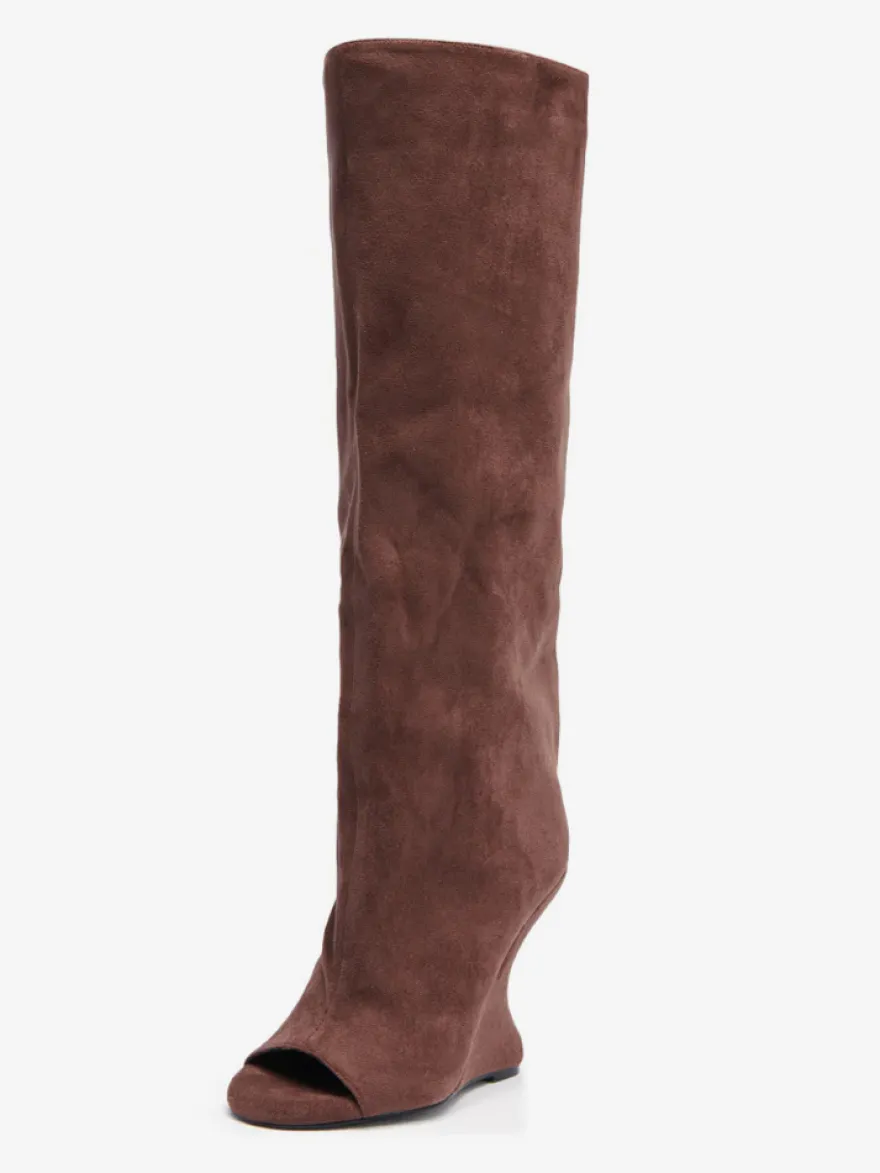 Bottes hautes en daim pour femmes bout ouvert talons hauts.