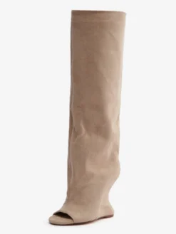 Bottes hautes en daim pour femmes bout ouvert talons hauts.