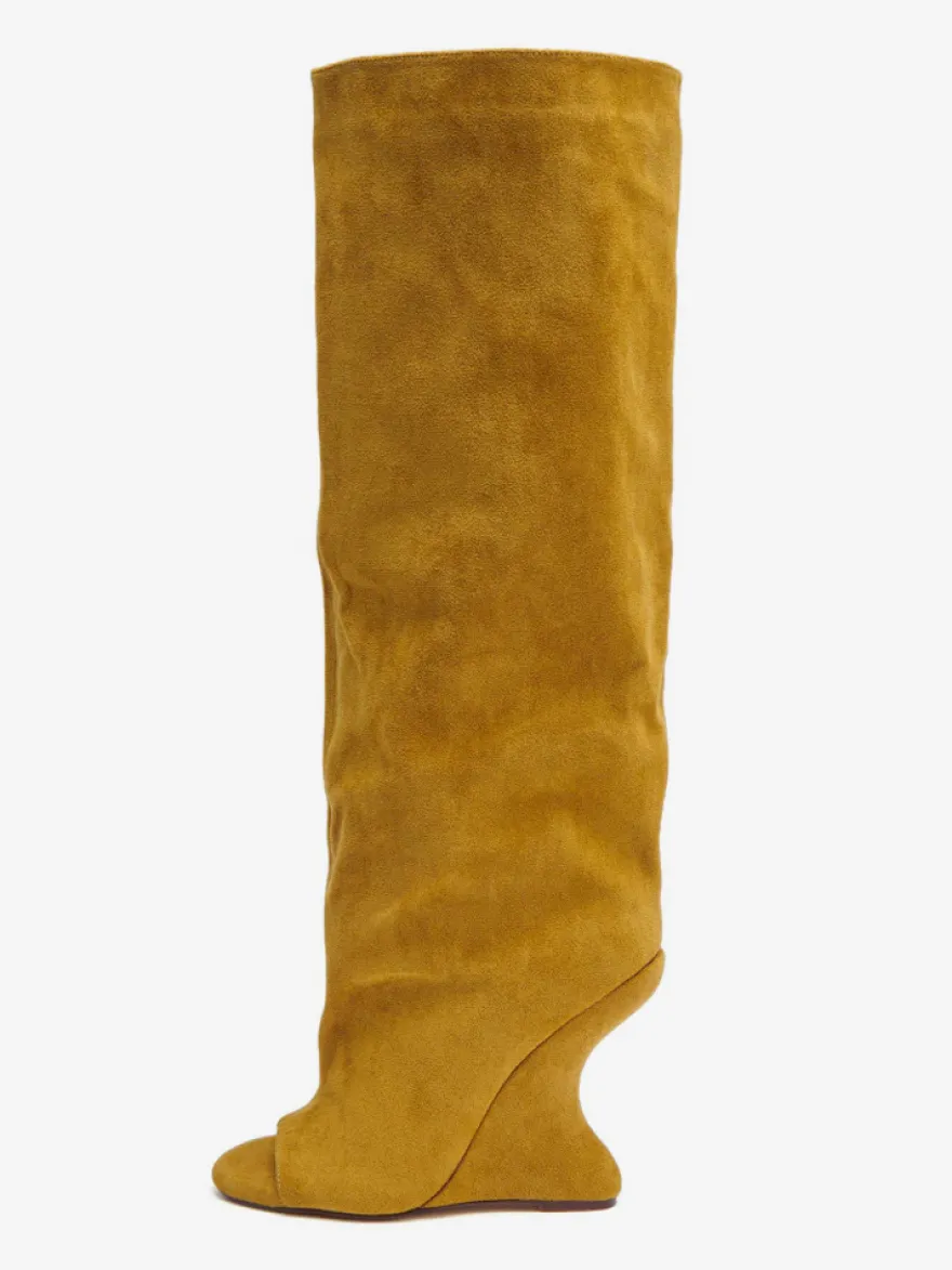 Bottes hautes en daim pour femmes bout ouvert talons hauts.