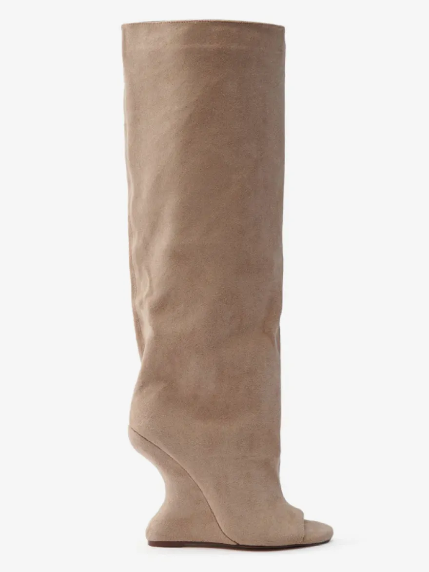 Bottes hautes en daim pour femmes bout ouvert talons hauts.