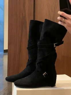 Bottes hautes en daim pour femmes bout rond boucle détail bottes plates croisées