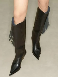 Bottes hautes en daim pour femmes bout pointu talon compensé et pompons
