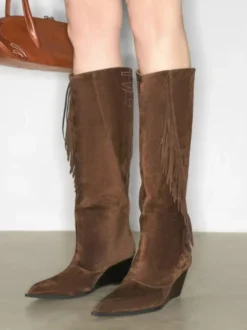 Bottes hautes en daim pour femmes bout pointu talon compensé et pompons