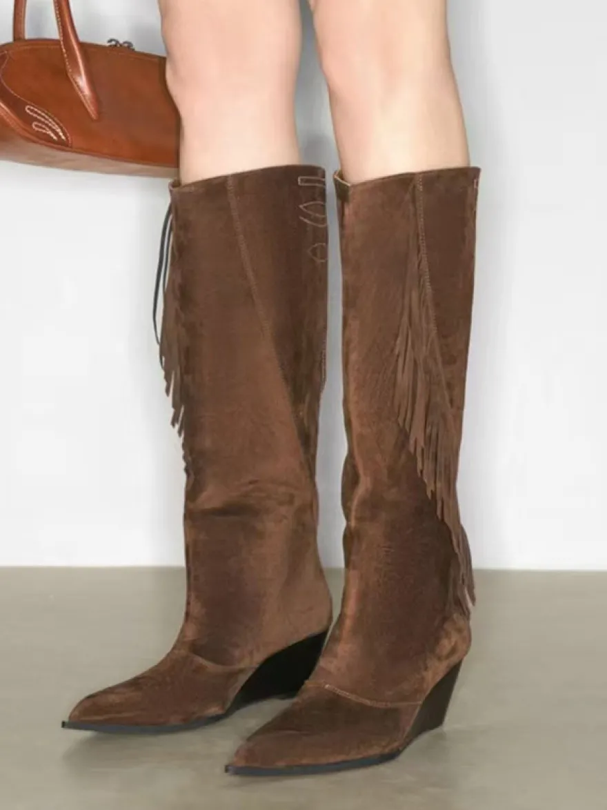 Bottes hautes en daim pour femmes bout pointu talon compensé et pompons