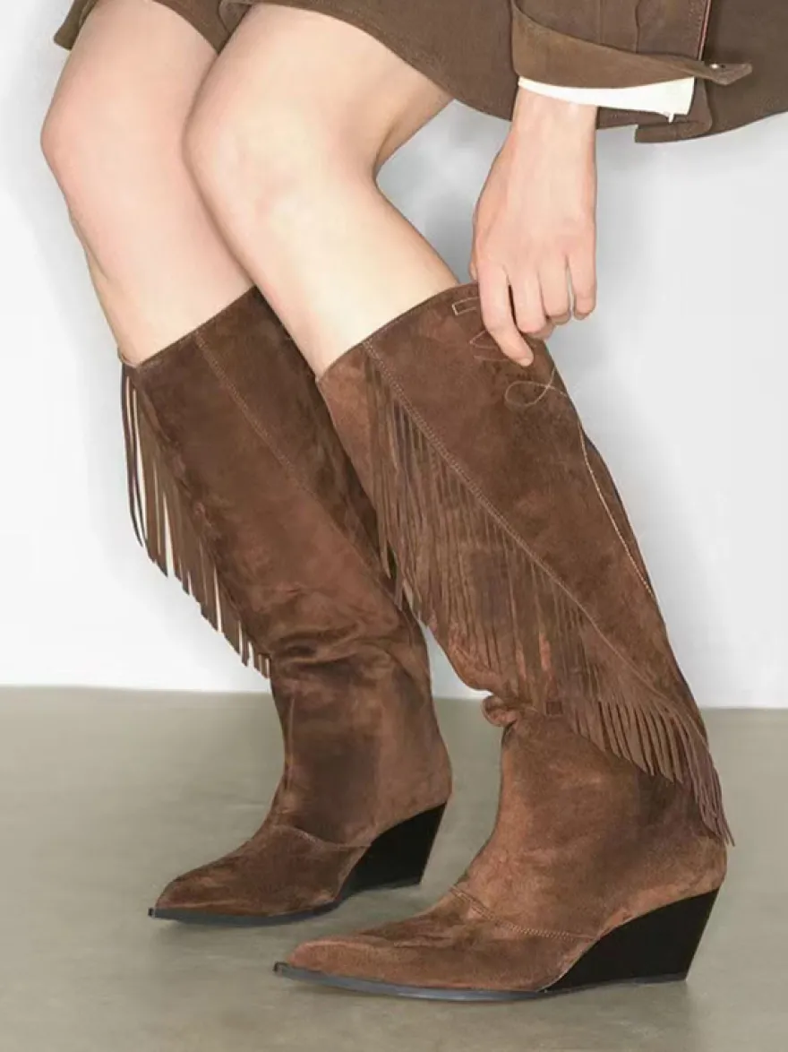 Bottes hautes en daim pour femmes bout pointu talon compensé et pompons