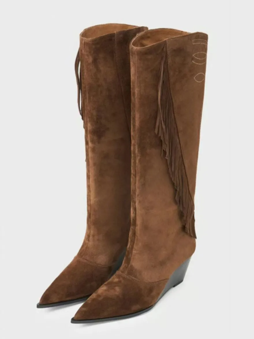 Bottes hautes en daim pour femmes bout pointu talon compensé et pompons