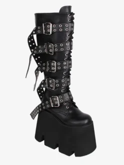 Bottes hautes gothiques épaisses Lolita noires en cuir PU à bout rond chaussures Lolita
