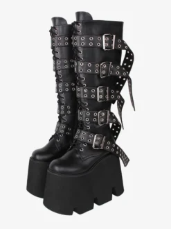 Bottes hautes gothiques épaisses Lolita noires en cuir PU à bout rond chaussures Lolita