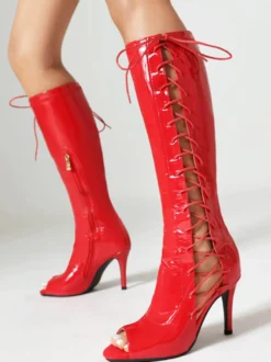Bottes hautes noires à bout ouvert et lacets à talons hauts
