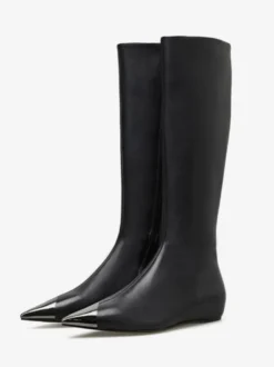 Bottes hautes noires à bout pointu bottes plates au genou pour femme
